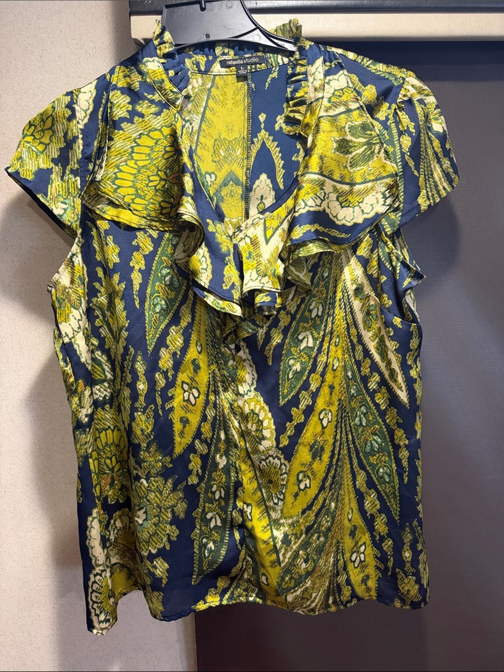 Rafaella Studio Paisley Ruffle Blouse in Blue & Yellow Large Like New